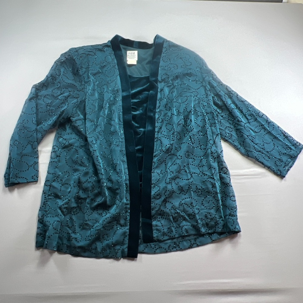 R&m Richards By Karen Kwong Jacket Womens 22W Teal Swirling Sequin Open Front